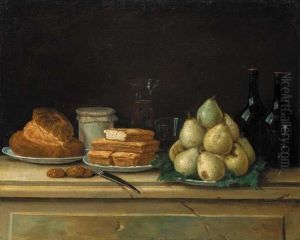 Pears And Bread On Plates, With Bottles Of Wine And Glasses On A Stone Ledge by Claude Joseph Fraichot