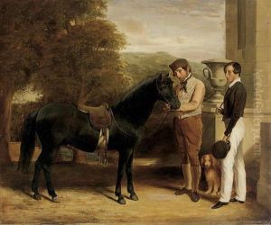 Portrait Of A Boy With His Pony, A Groom And A Spaniel Outside A House by Robert Frain