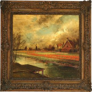 Tulip Fields At A Canal, Holland