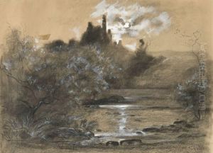 Ruines De Chalusset Au Clair De Lune by Francois Louis Francais