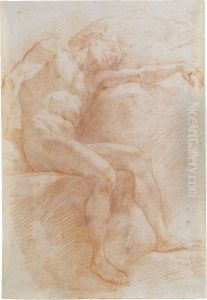 A Male Nude Sleeping, Seated And Resting Against A Rock by Baldassarre Franceschini