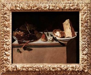 Natura Morta Con Pere, Piatto Con Uva, Coltello E Piatto Con Pane E Formaggio by Boneri Francesco