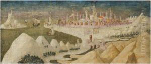 A Panel From A Cassone, Depicting A Fantasy Landscape by Francesco Di Giorgio Martini