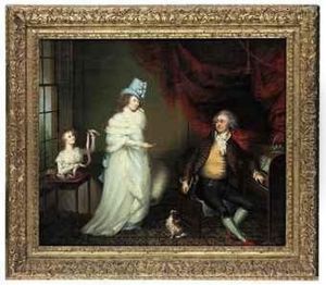 Group Portrait With A Gentleman At A Clavicord, A Lady Standing Holding A Box And A Girl Seated Holding A Ribbon, In An Interior by Attributed Francesco Renaldi