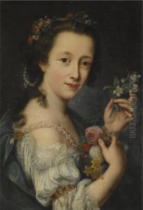 Portrait Of A Young Girl, Half Length, With Pearls In Her Hair,holding Flowers by Antonio Lucchese Franchi