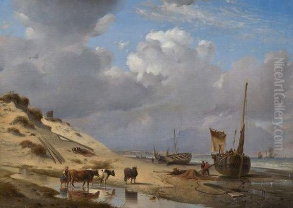 Paysage Cotier Avec Betail Et Barques Sur La Plage - view 1