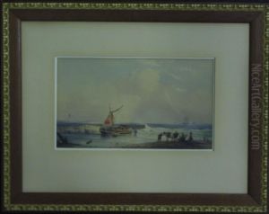 Description:strandzicht Met Vissersboot En Ruiters by Count Alexandre Thomas Francia