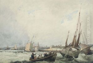 A Blustery Day Off The Harbour At Calais by Francois Louis Thomas Francia