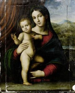 The Madonna And Child Before A Red Curtain, Aview To A Landscape Beyond 
Oil On Panel