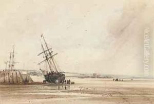 Beached Fishing Boats With Figures Unloading The Day's Catch by John Defett Francis