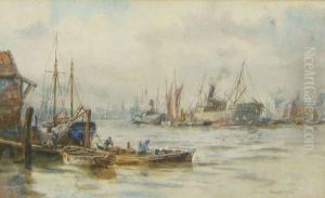 Dockland Scene With Figures In Boat In Foreground by John Defett Francis
