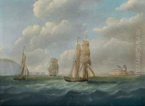 Shipping Passing Hurst Castle Heading Up The Solent, With The Needles Astern Of Them by Francis Sartorius