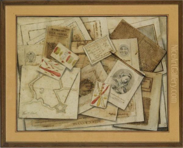 Trompe L'oeil Of Many Items Of Ephemera, Including Tarot Cards, And A Ground Plan Of A Fortification - view 1