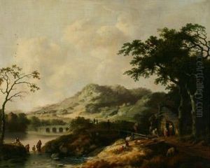 Figures At Work And Play Along A River by Christoffel Frederik Franck