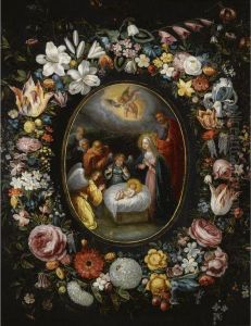The Nativity Encircled By A Garland Of Roses, Parrot Tulips,lilies, Violets, Forget-me-nots, Lily Of The Valley And Otherflowers