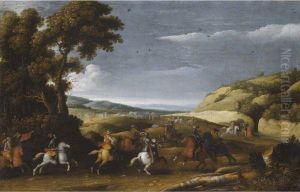 A Cavalry Battle Scene Within An Extensive Northern Landscape