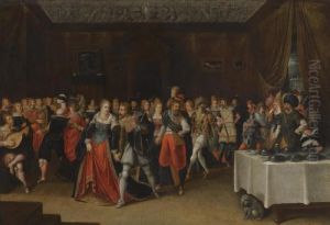 An Interior Scene With Elegant Figures At A Wedding