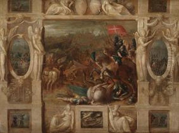 Escenas De Batalla Enmarcadas Por Figuras Alegoricas Yarquitectura En Grisalla - view 1