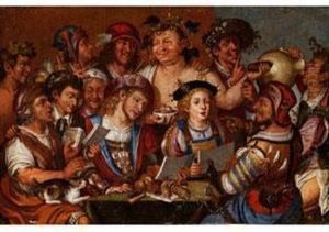 Singende Tischgesellschaft Mit Bacchus Bei Wein Und Wursten