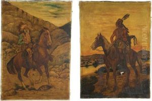 Indians On Horseback In Western Landscape Settings by Charles Frank