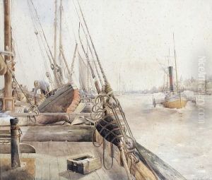 A Busy River Scene With Barges by Robert Frank Thirkettle