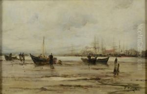Barques Et Pecheurs A Maree Basse Devant Un Port by Frank Myers Boggs