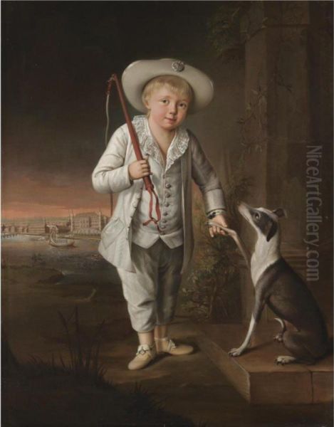 Portrait Of Christian Hohenzollern, Full Length, Wearing A White Costume And Hat, With His Pet Whippet By The River Oder, The Castle Of Schwedt Beyond - view 1
