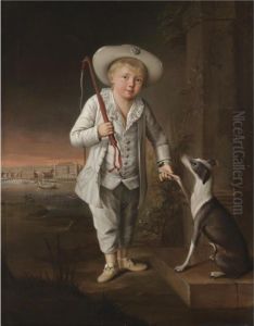 Portrait Of Christian Hohenzollern, Full Length, Wearing A White Costume And Hat, With His Pet Whippet By The River Oder, The Castle Of Schwedt Beyond
