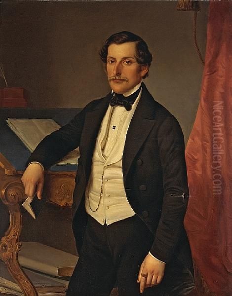 A Portrait Of A Gentleman, Three-quarterlength, Standing By His Desk; Also A Companion Portrait Of His Wife(a Pair) - view 1