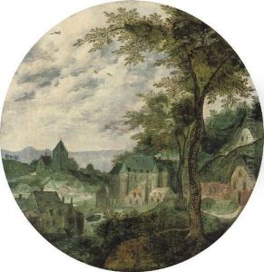 A River Landscape With A Town, A Palace And A Church by Frans Mostaert