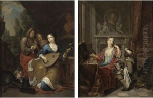 An Interior With A Lady At Her Toilette, With A Negro Page Beside Her;
 An Elegant Company Making Music