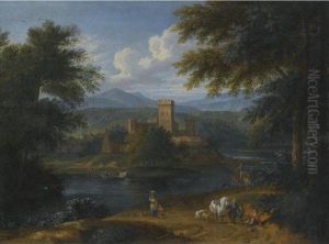 A Wooded River Landscape With Travellers On A Path, A Villagebeyond by Adriaen Frans Boudewijns