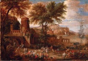 Figures Outside A Town Wall With A Bay Beyond