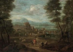 A River Landscape With Cavaliers Conversing In The Foreground, Classical Buildings Beyond
