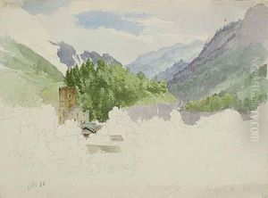 A Mountainous Landscape With A Small Town In A Valley by Heinrich Franz