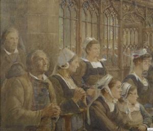 Gotisches Kircheninterieur Mit Betenden Frauen Und Mannern