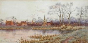 Church And Village On A River by Gilbert Baird Fraser
