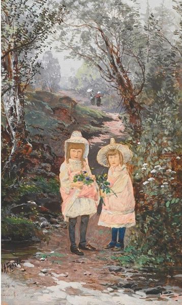 Little Sisters With Wild Flowers In A Wood - view 1