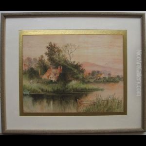 Figure Outside Cottage By Lake by Malcolm Fraser