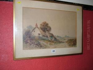 A Country Landscape With Women And Poultry Near Thatched Cottages And A Church In The Distance by Malcolm Fraser