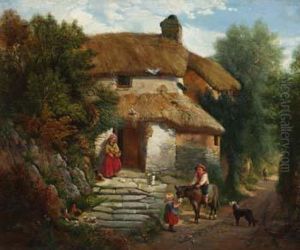 A Surreylane With Figures Outside A Cottage by Alexander Snr Fraser