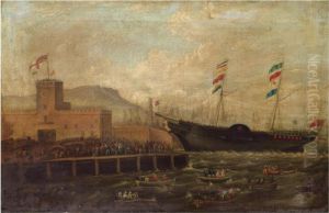 Launch Of The Steamship Aurora , From Belfast Harbour 1839 by Hugh Frazer