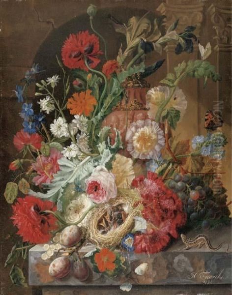 Irises, Peonies, Roses, And Other Flowers Surrounding A Terracotta Urn, With A Birds' Nest, Grapes, And Plums - view 1