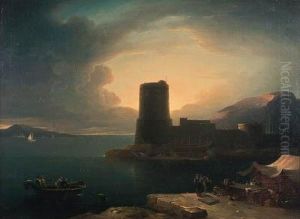A Mediterranean Harbour With Fishermen Approaching A Martello Towerand Other Figures In Conversation On A Quay