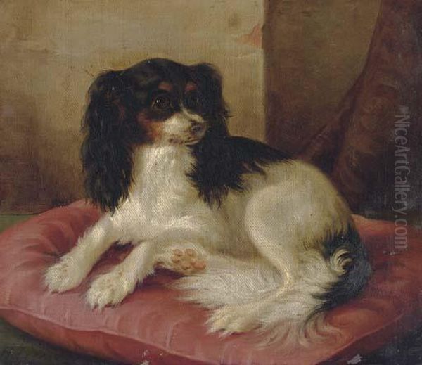 A King Charles Spaniel On A Red Cushion - view 1