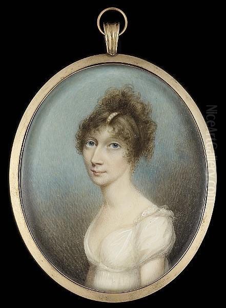 A Lady, Wearing Decollete White Dress With Lace Cap To The Sleeve And Pearl Slide In Her Upswept Hair - view 1