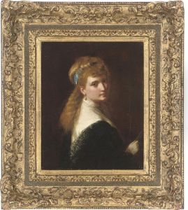 Portrait Of A Young Lady, Half-length, With A Blue Ribbon In Herhair by George Augustus Freezor