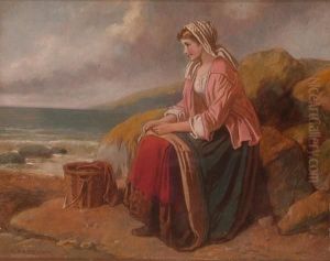 A Young Girl Seated On A Coastal Hillside by George Augustus Freezor