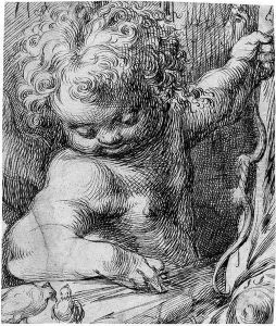 Cupid Holding A Bow And Looking At Two Doves