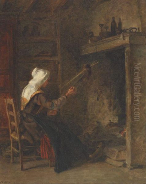 A Flemish Peasant Woman Weaving In Front Of A Fire; An Old Flemishpeasant Seated On A Balcony - view 1